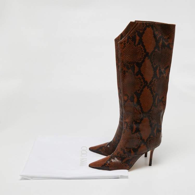 Pre Owned Jimmy Choo Brown Python Embossed Leather Knee Length Boots Size 35