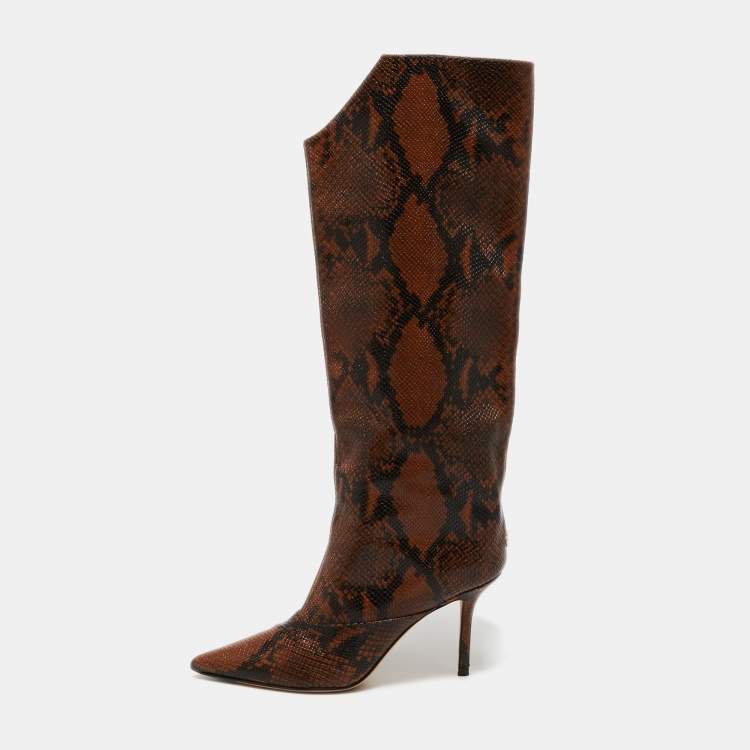 Pre Owned Jimmy Choo Brown Python Embossed Leather Knee Length Boots Size 35