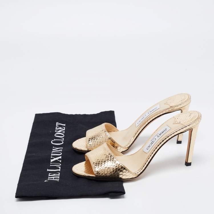 Pre Owned Jimmy Choo Gold Snakeskin Embossed Leather Slide Sandals Size 36