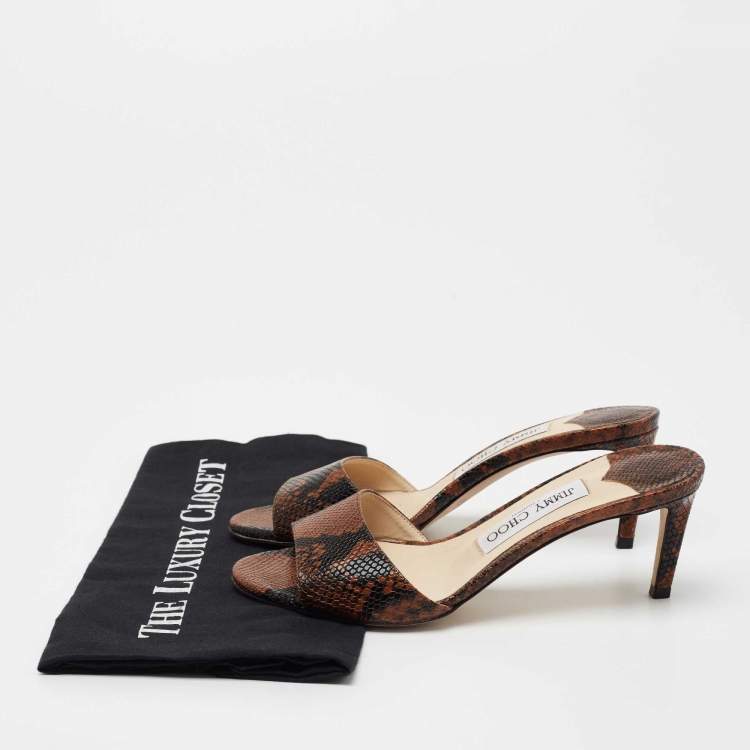 Pre Owned Jimmy Choo Brown/Black Lizard Embossed Leather Stacey Slide Sandals Size 36