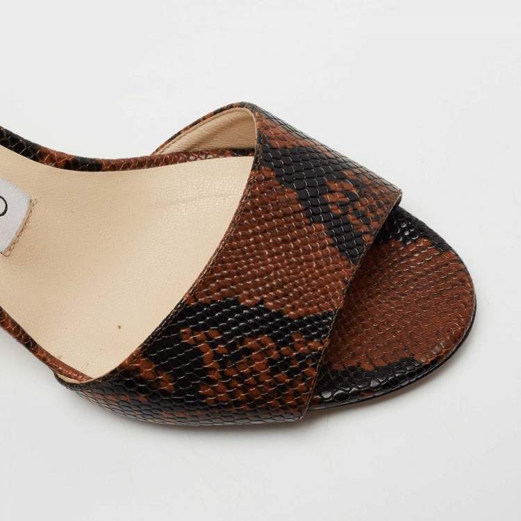 Pre Owned Jimmy Choo Brown/Black Lizard Embossed Leather Stacey Slide Sandals Size 36