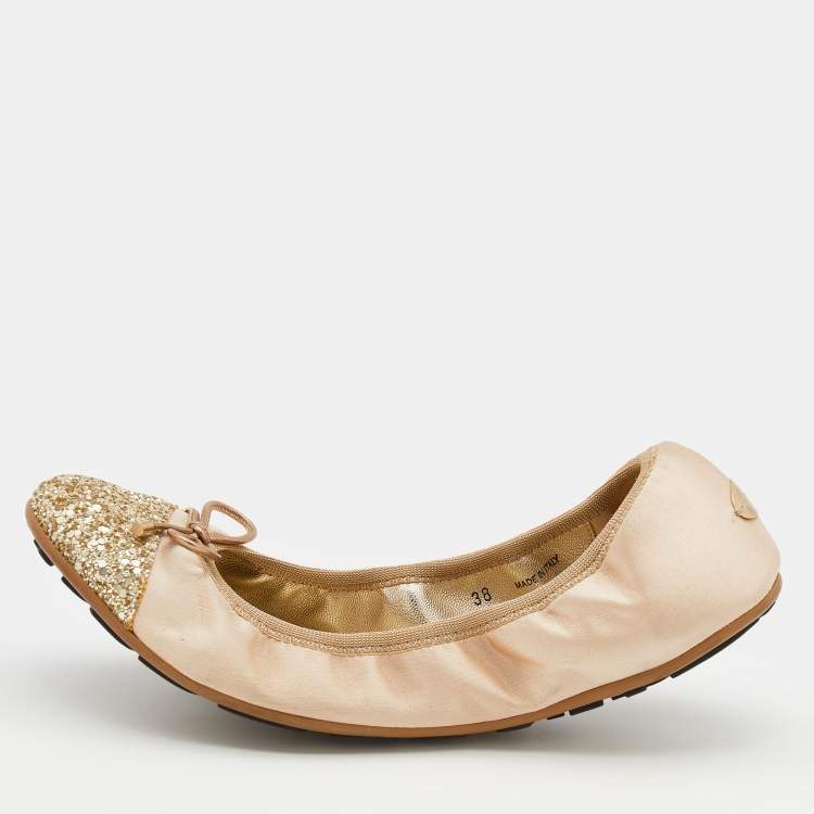 مملوكة مسبقًا Jimmy Choo Metallic Gold Satin And Glitter Cap Toe Bow Scrunch Ballet Flats Size 38
