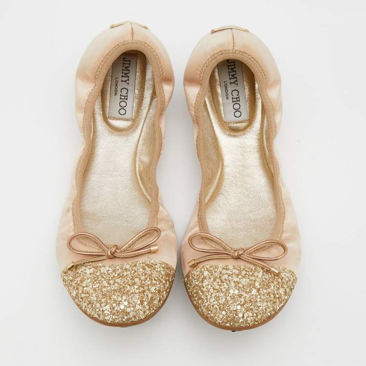 مملوكة مسبقًا Jimmy Choo Metallic Gold Satin And Glitter Cap Toe Bow Scrunch Ballet Flats Size 38