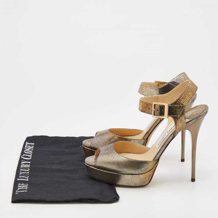 Pre Owned Jimmy Choo Gold Lizard Embossed Leather Open Toe Platform Ankle Strap Sandals Size 38