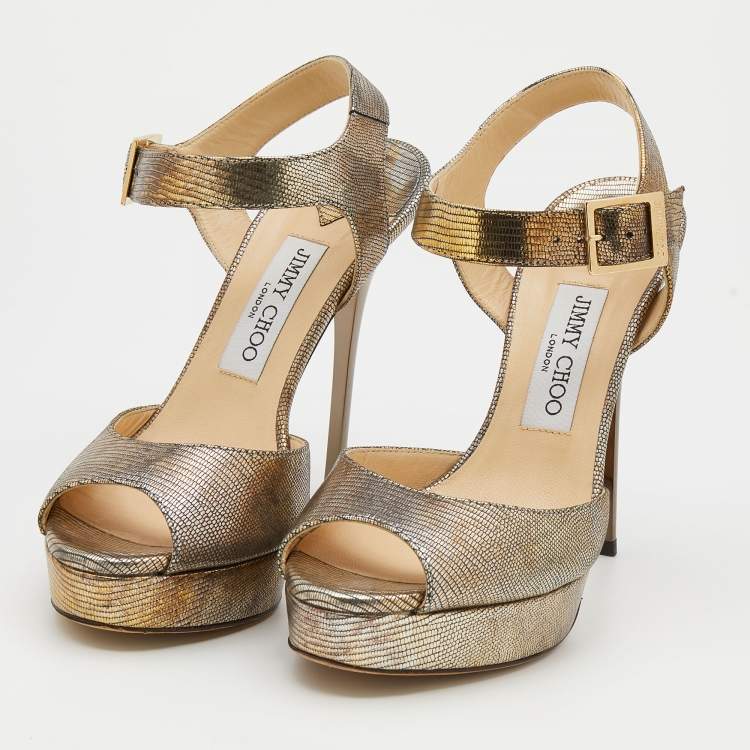 Pre Owned Jimmy Choo Gold Lizard Embossed Leather Open Toe Platform Ankle Strap Sandals Size 38