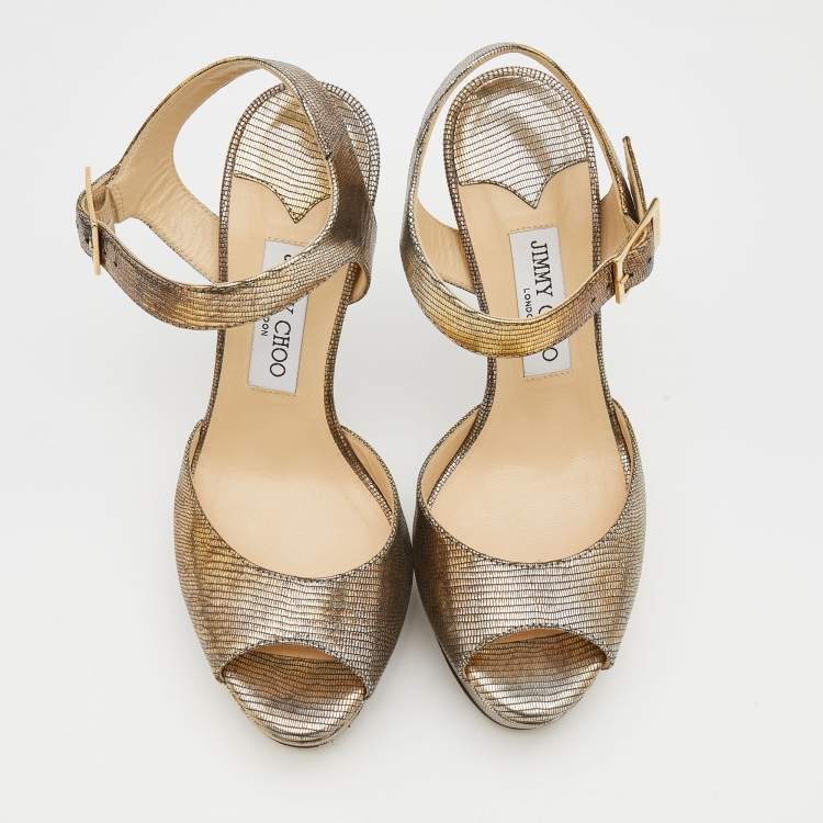 Pre Owned Jimmy Choo Gold Lizard Embossed Leather Open Toe Platform Ankle Strap Sandals Size 38