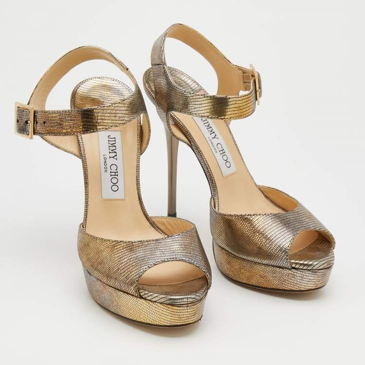 Pre Owned Jimmy Choo Gold Lizard Embossed Leather Open Toe Platform Ankle Strap Sandals Size 38