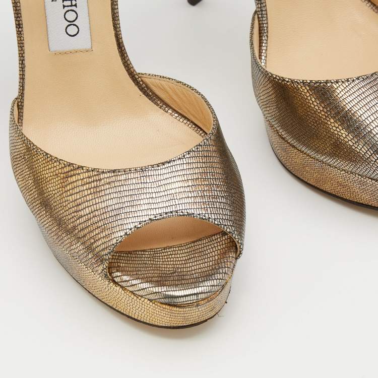Pre Owned Jimmy Choo Gold Lizard Embossed Leather Open Toe Platform Ankle Strap Sandals Size 38