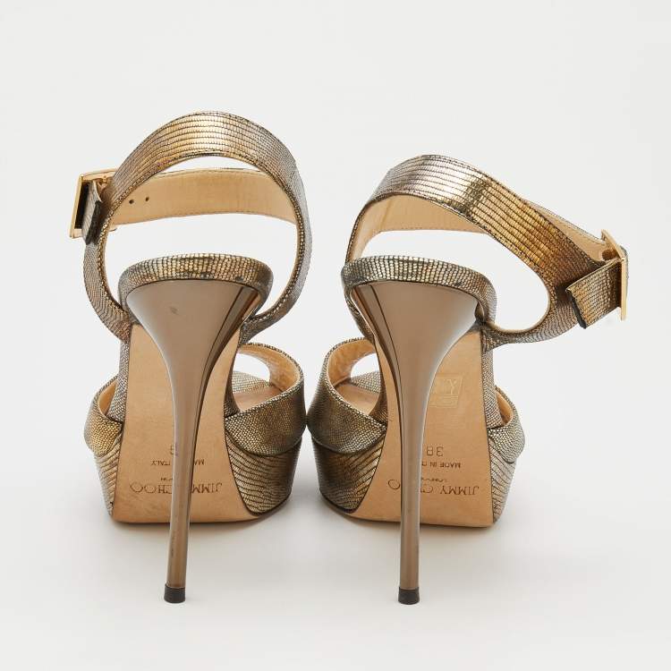 Pre Owned Jimmy Choo Gold Lizard Embossed Leather Open Toe Platform Ankle Strap Sandals Size 38