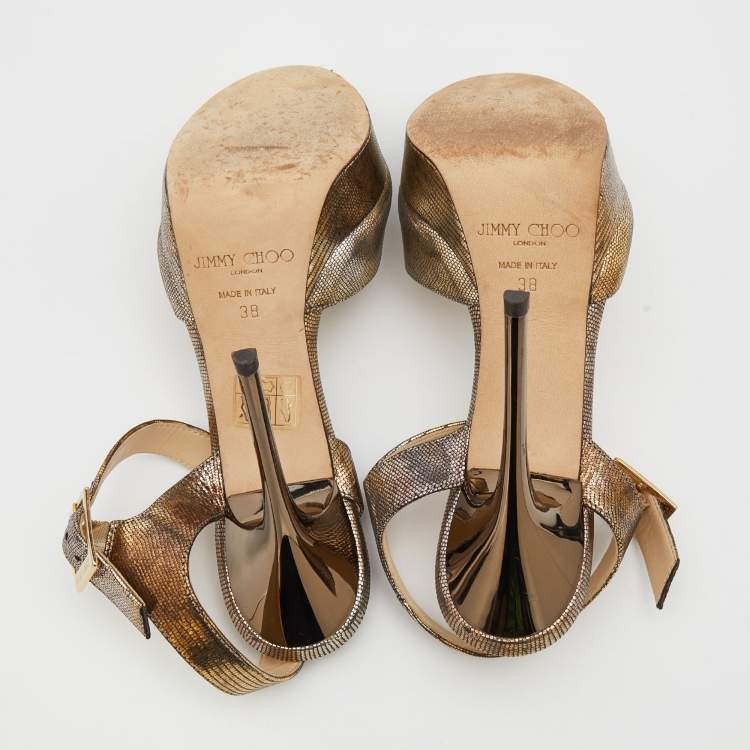 Pre Owned Jimmy Choo Gold Lizard Embossed Leather Open Toe Platform Ankle Strap Sandals Size 38