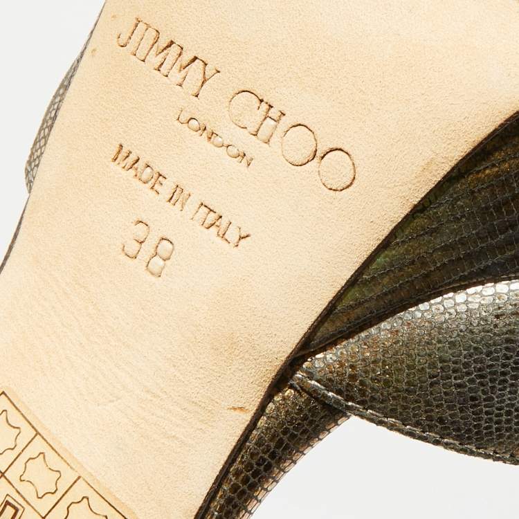 Pre Owned Jimmy Choo Gold Lizard Embossed Leather Open Toe Platform Ankle Strap Sandals Size 38