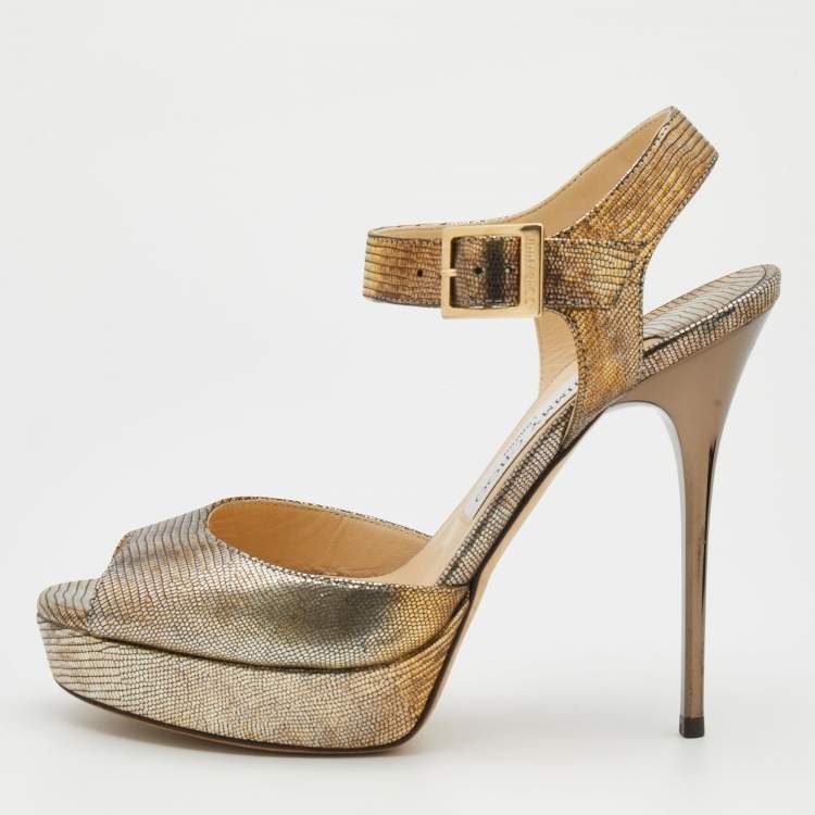 Pre Owned Jimmy Choo Gold Lizard Embossed Leather Open Toe Platform Ankle Strap Sandals Size 38