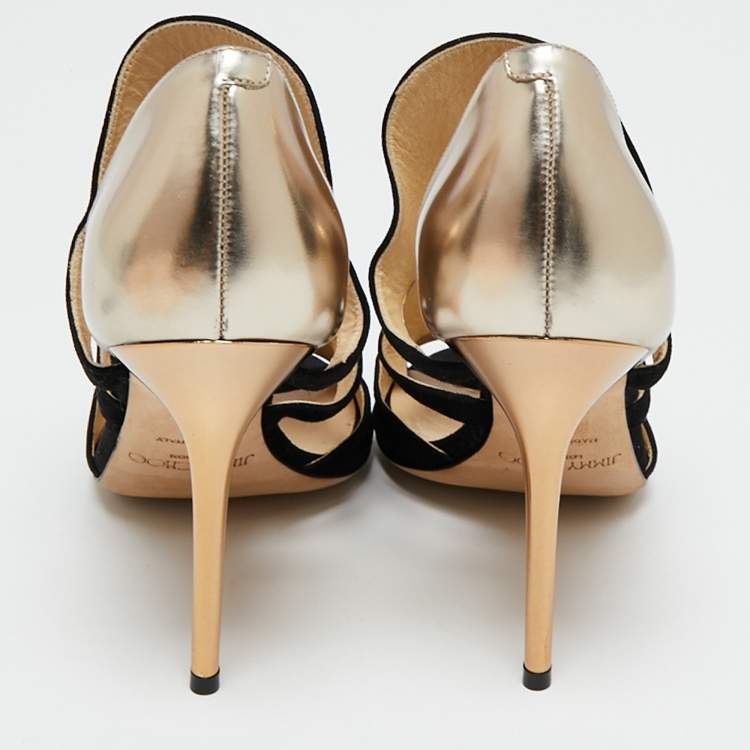 مملوكة مسبقًا Jimmy Choo Metallic/Black Suede And Leather Cutout Sandals Size 39 