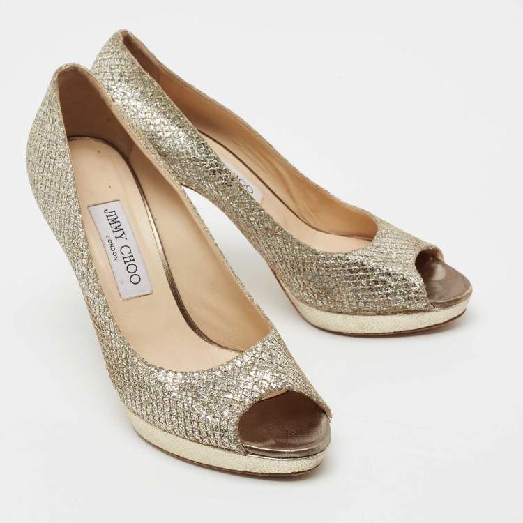 Pre Owned Jimmy Choo Metallic Silver/Gold Glitter Peep Toe  Platform Pumps Size 38.5