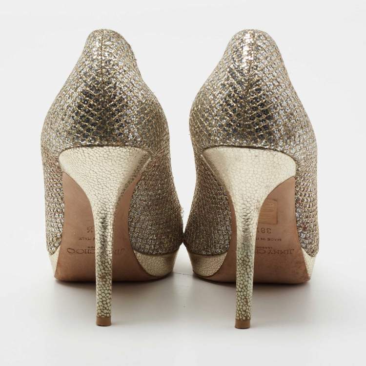 Pre Owned Jimmy Choo Metallic Silver/Gold Glitter Peep Toe  Platform Pumps Size 38.5