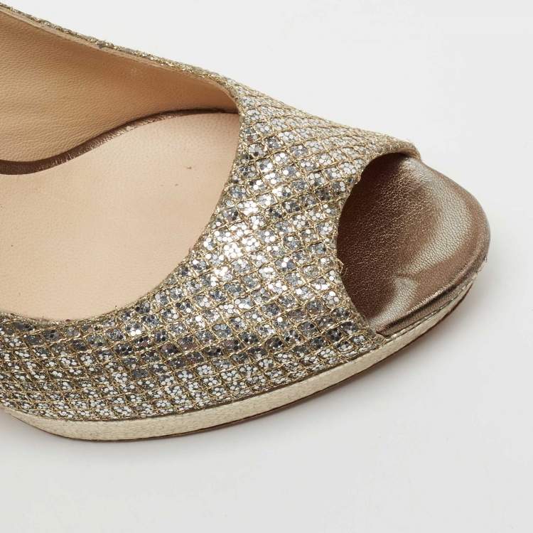 Pre Owned Jimmy Choo Metallic Silver/Gold Glitter Peep Toe  Platform Pumps Size 38.5