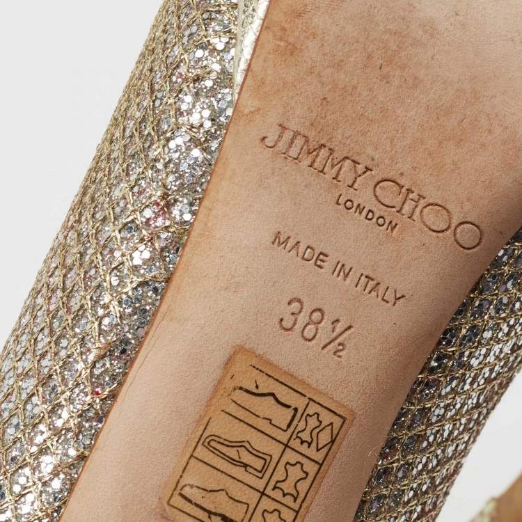 Pre Owned Jimmy Choo Metallic Silver/Gold Glitter Peep Toe  Platform Pumps Size 38.5