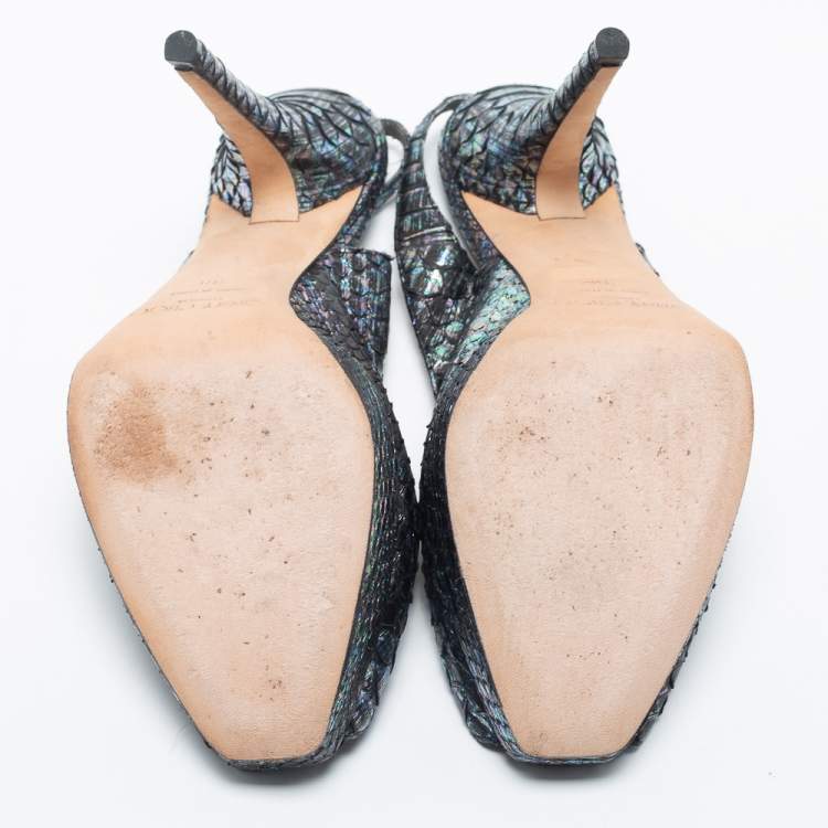 Pre Owned Jimmy Choo Multicolor Python Leather Peep-Toe Platform Slingback Sandals Size 38