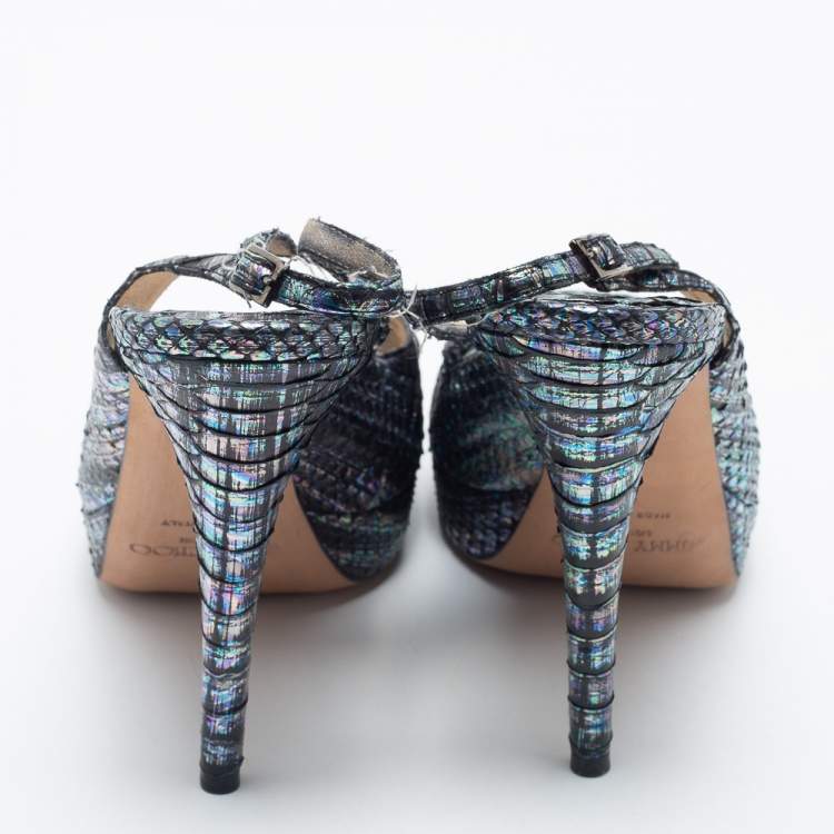 Pre Owned Jimmy Choo Multicolor Python Leather Peep-Toe Platform Slingback Sandals Size 38