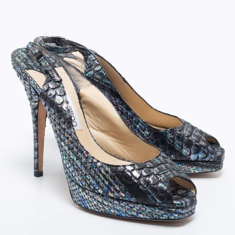 Pre Owned Jimmy Choo Multicolor Python Leather Peep-Toe Platform Slingback Sandals Size 38