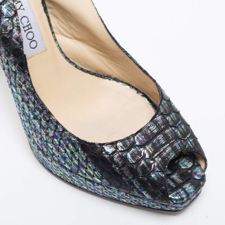 Pre Owned Jimmy Choo Multicolor Python Leather Peep-Toe Platform Slingback Sandals Size 38
