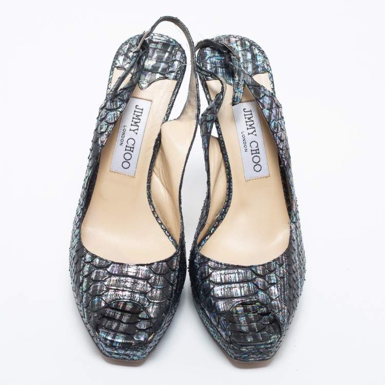 Pre Owned Jimmy Choo Multicolor Python Leather Peep-Toe Platform Slingback Sandals Size 38