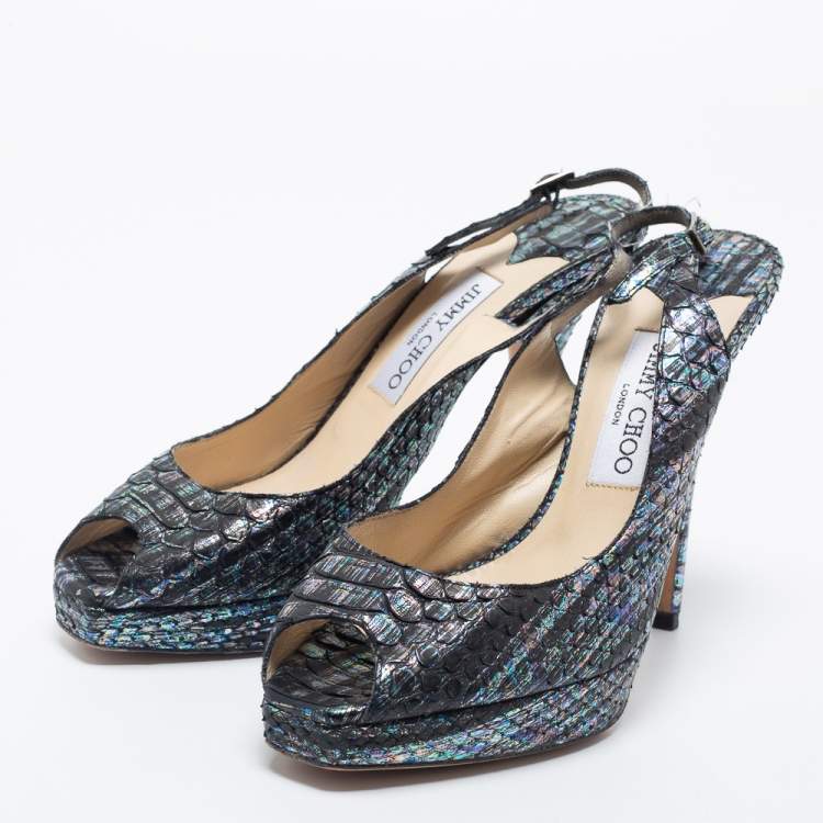 Pre Owned Jimmy Choo Multicolor Python Leather Peep-Toe Platform Slingback Sandals Size 38