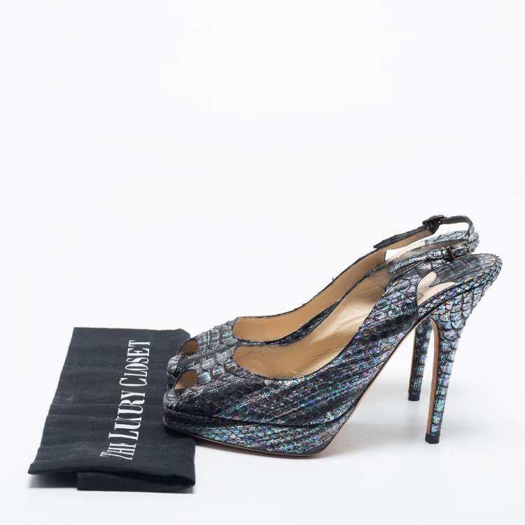 Pre Owned Jimmy Choo Multicolor Python Leather Peep-Toe Platform Slingback Sandals Size 38