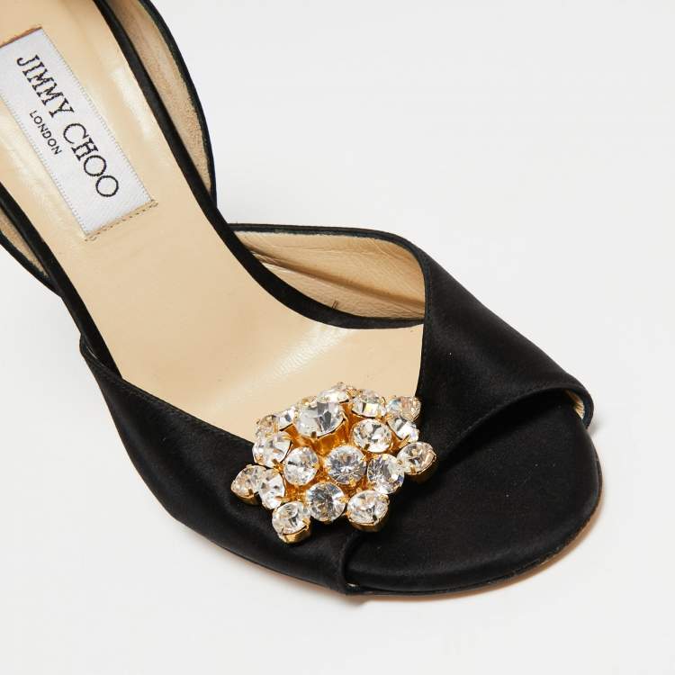 Pre Owned Jimmy Choo Black Satin Open Toe Crystal Embellished D'orsay Pumps Size 37.5