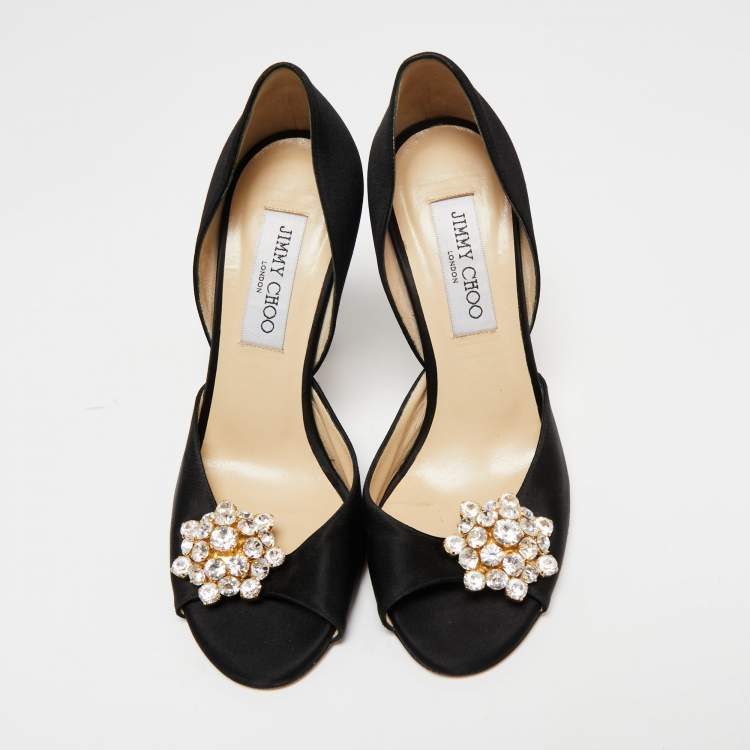 Pre Owned Jimmy Choo Black Satin Open Toe Crystal Embellished D'orsay Pumps Size 37.5