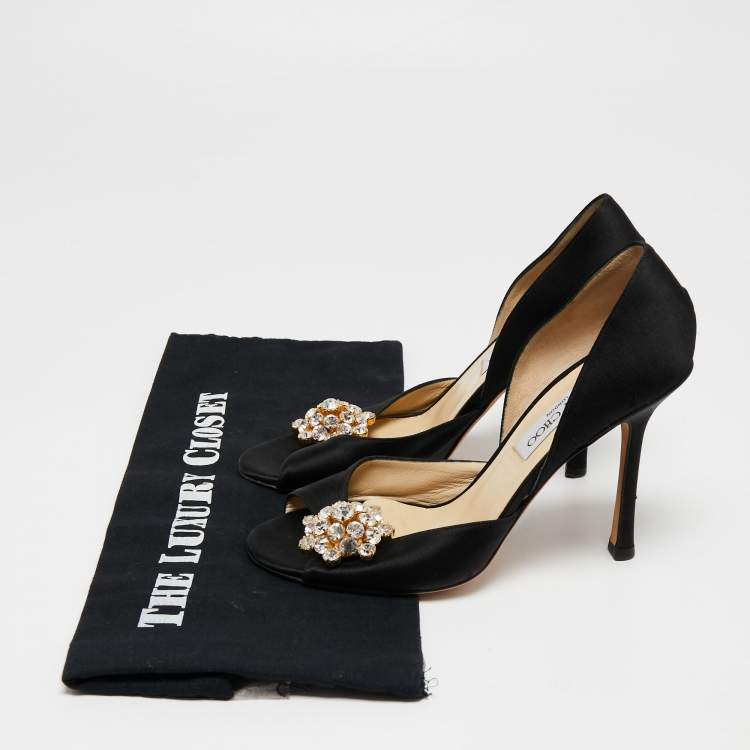 Pre Owned Jimmy Choo Black Satin Open Toe Crystal Embellished D'orsay Pumps Size 37.5