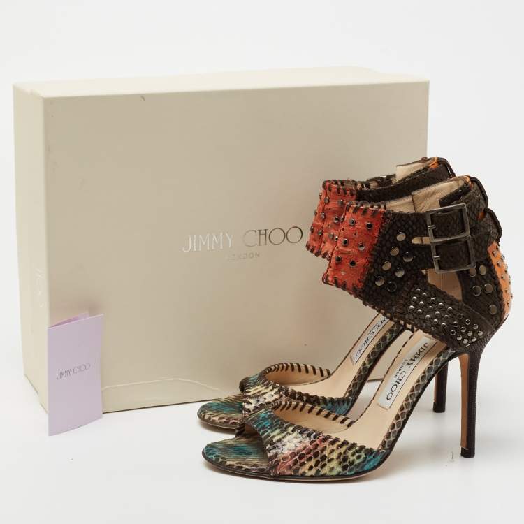 Pre Owned Jimmy Choo Multicolor Studded Snakeskin And Leather Ankle Strap Sandals Size 36.5