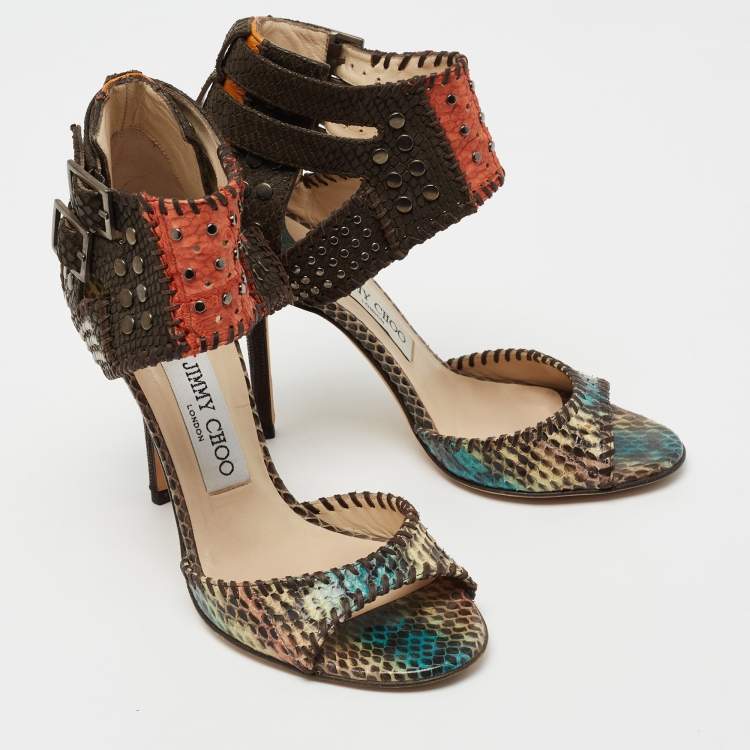 Pre Owned Jimmy Choo Multicolor Studded Snakeskin And Leather Ankle Strap Sandals Size 36.5