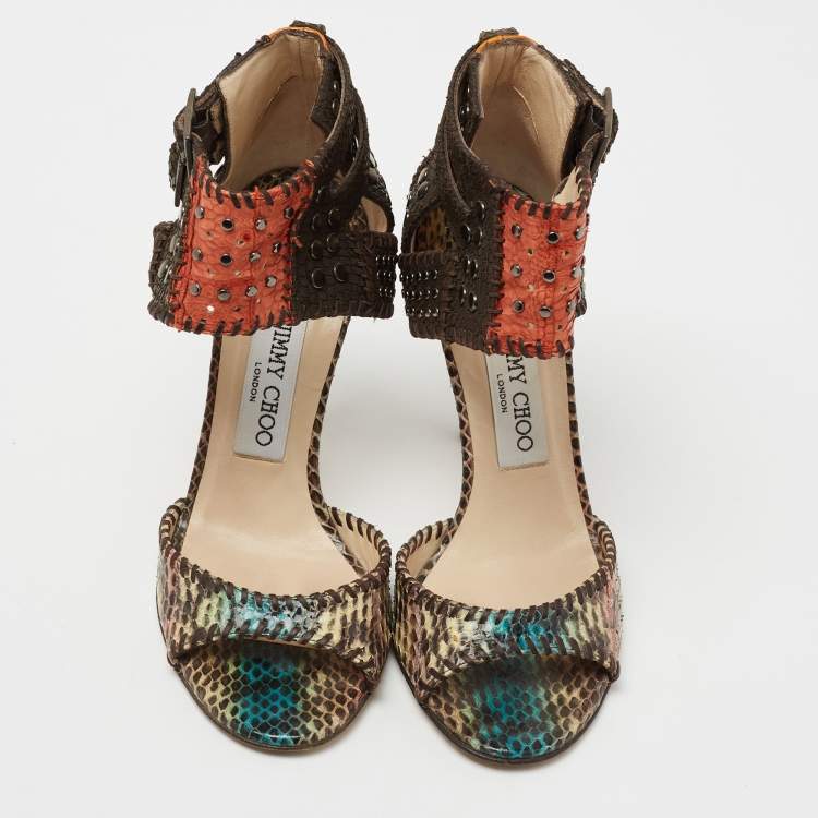 Pre Owned Jimmy Choo Multicolor Studded Snakeskin And Leather Ankle Strap Sandals Size 36.5