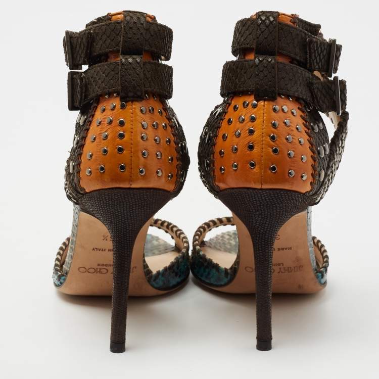 Pre Owned Jimmy Choo Multicolor Studded Snakeskin And Leather Ankle Strap Sandals Size 36.5
