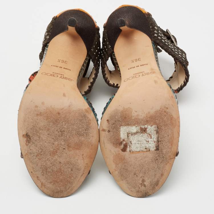 Pre Owned Jimmy Choo Multicolor Studded Snakeskin And Leather Ankle Strap Sandals Size 36.5