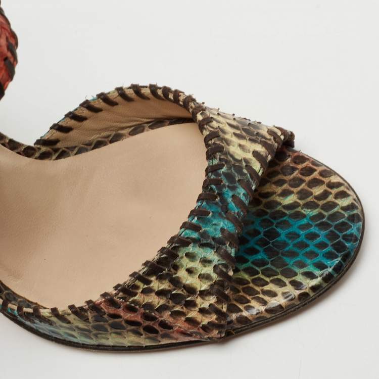 Pre Owned Jimmy Choo Multicolor Studded Snakeskin And Leather Ankle Strap Sandals Size 36.5