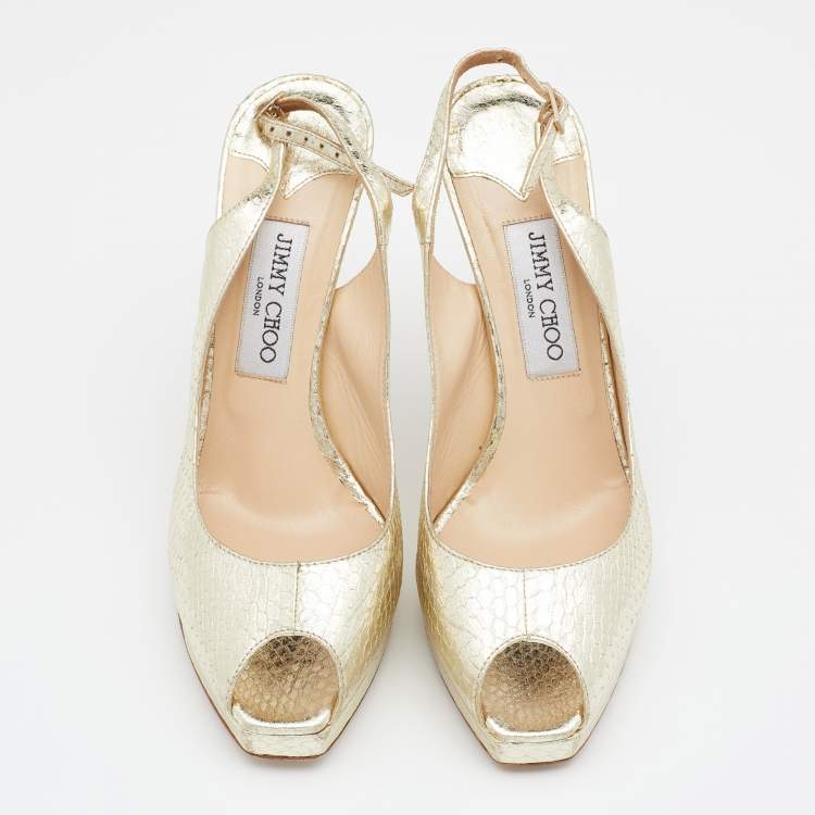 Pre Owned Jimmy Choo Metallic Gold Snakeskin Embossed Leather Platform Slingback Sandals Size 39