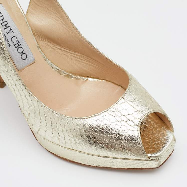 Pre Owned Jimmy Choo Metallic Gold Snakeskin Embossed Leather Platform Slingback Sandals Size 39