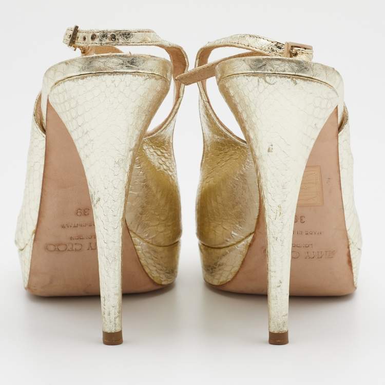 Pre Owned Jimmy Choo Metallic Gold Snakeskin Embossed Leather Platform Slingback Sandals Size 39