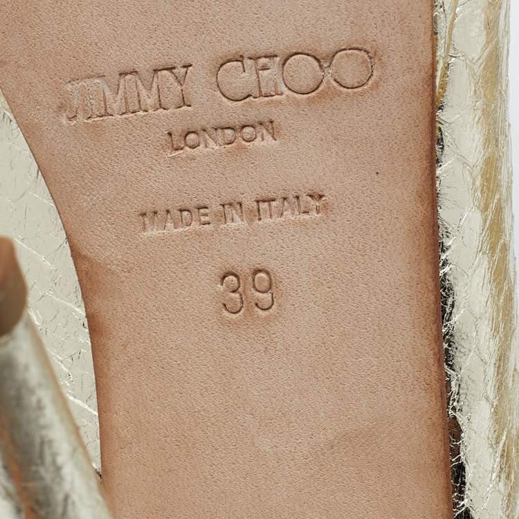 Pre Owned Jimmy Choo Metallic Gold Snakeskin Embossed Leather Platform Slingback Sandals Size 39