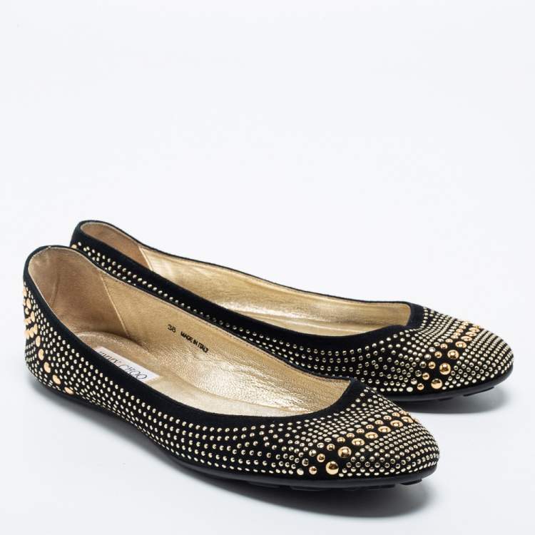 مملوكة مسبقًا Jimmy Choo Black Suede Welda Studded Ballet Flats Size 38