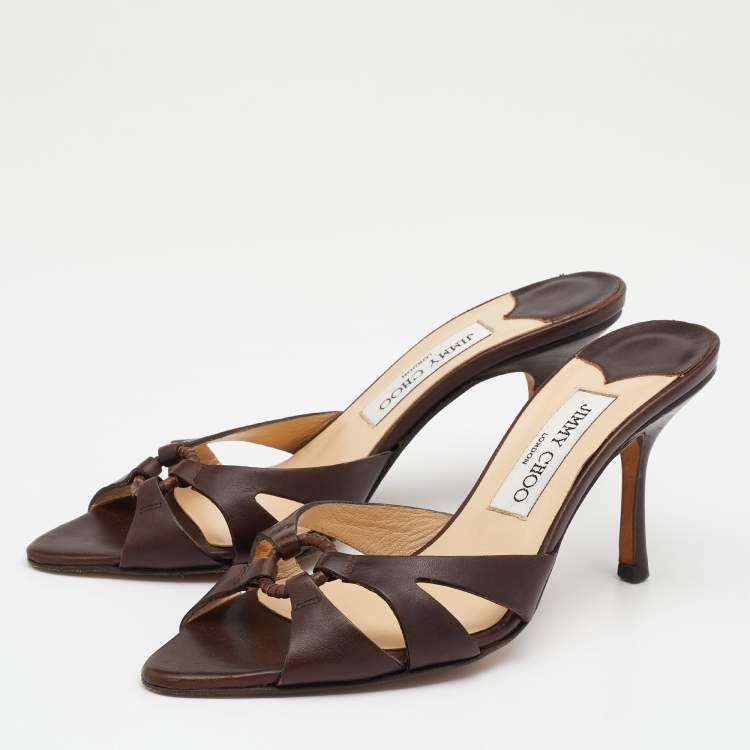 Pre Owned Jimmy Choo Dark Brown Leather Slide Sandals Size 37