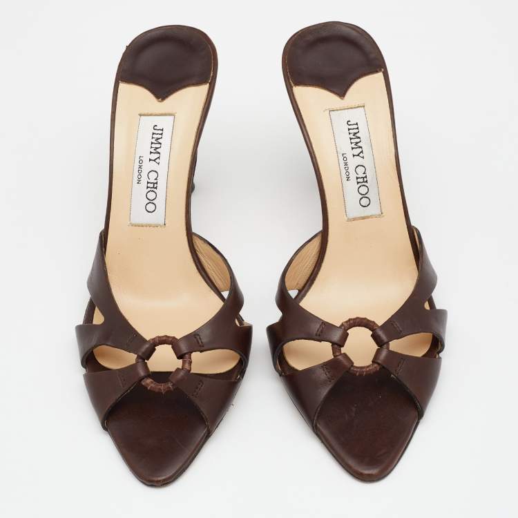 Pre Owned Jimmy Choo Dark Brown Leather Slide Sandals Size 37
