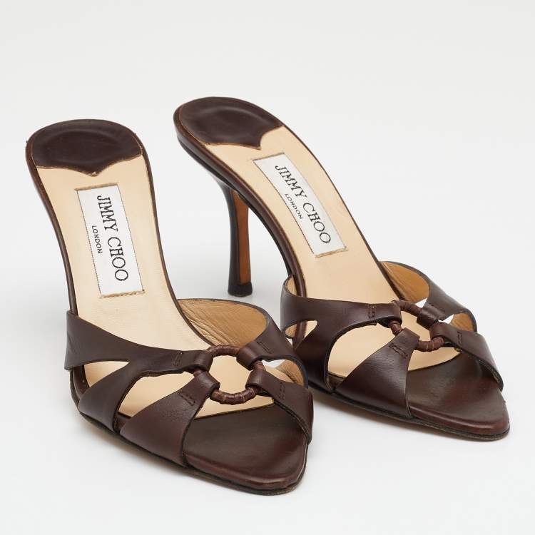 Pre Owned Jimmy Choo Dark Brown Leather Slide Sandals Size 37