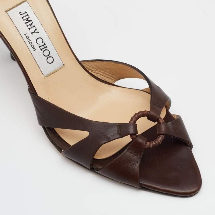 Pre Owned Jimmy Choo Dark Brown Leather Slide Sandals Size 37