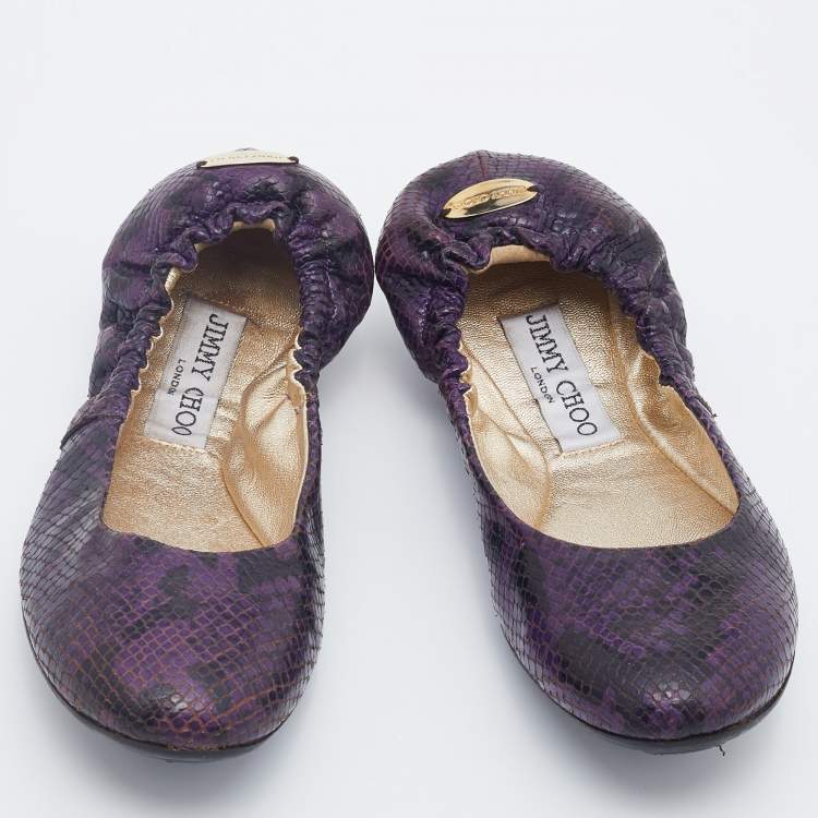 Pre Owned Jimmy Choo Purple/Black Python Embossed Leather Scrunch Ballet Flats Size 36.5