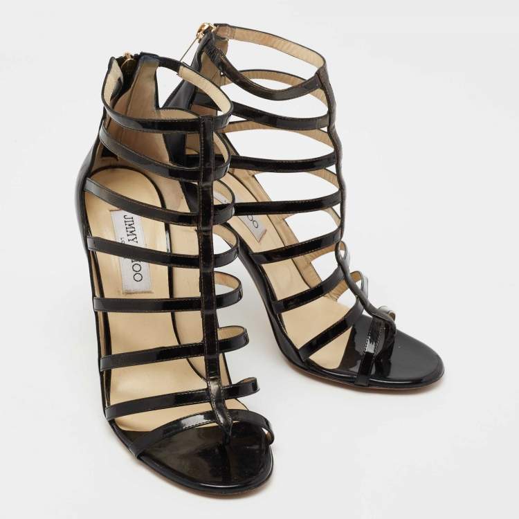 Pre Owned Jimmy Choo Black Patent Leather And Leather Gladiator Sandals Size 39.5
