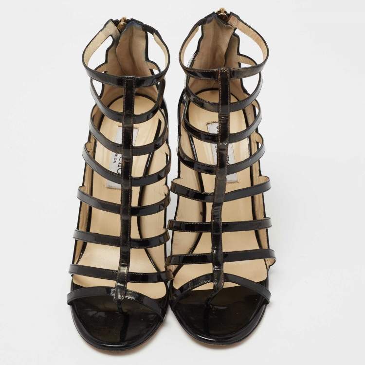 Pre Owned Jimmy Choo Black Patent Leather And Leather Gladiator Sandals Size 39.5