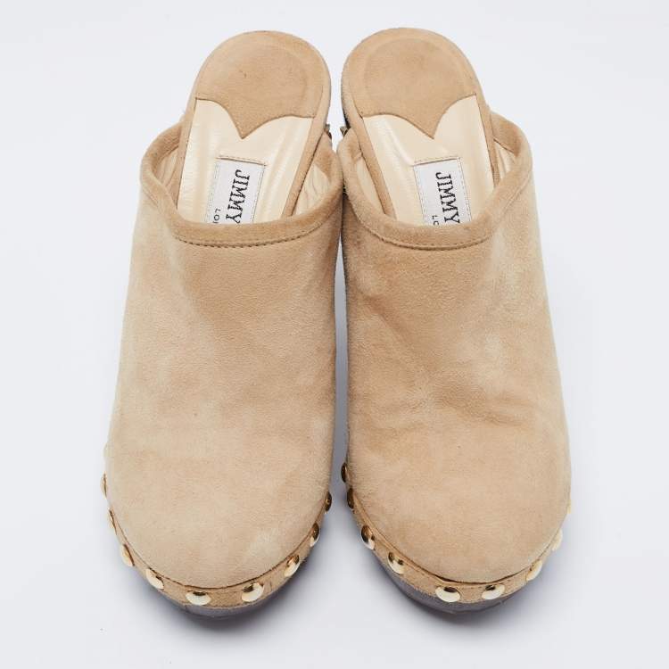 Pre Owned Jimmy Choo Beige Suede Studded Mules Size 37.5